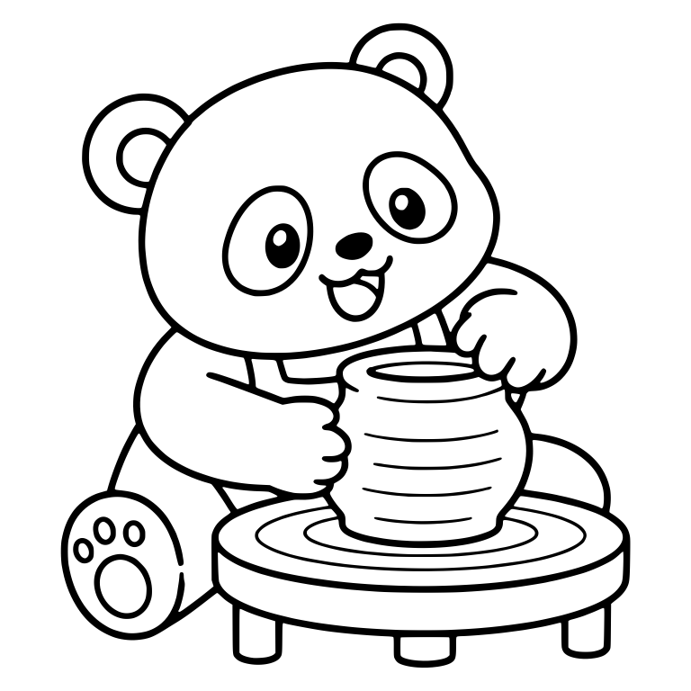 Kawaii Panda Sitting Beside a Pottery Wheel with Clay Pot — free animal SVG cut file