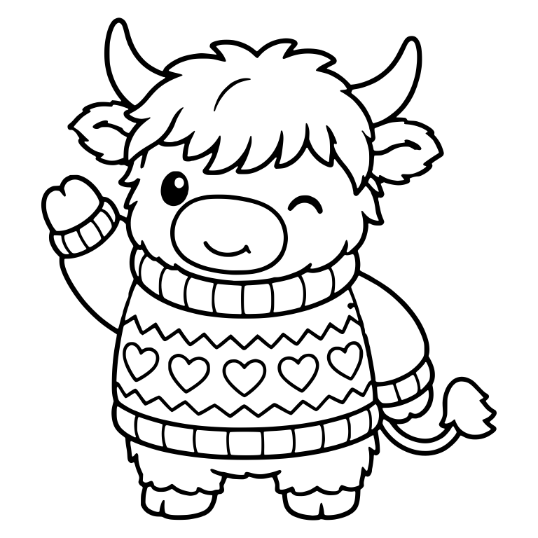 Winking Highland Cow in Heart Sweater Waving Hello — free animal SVG cut file