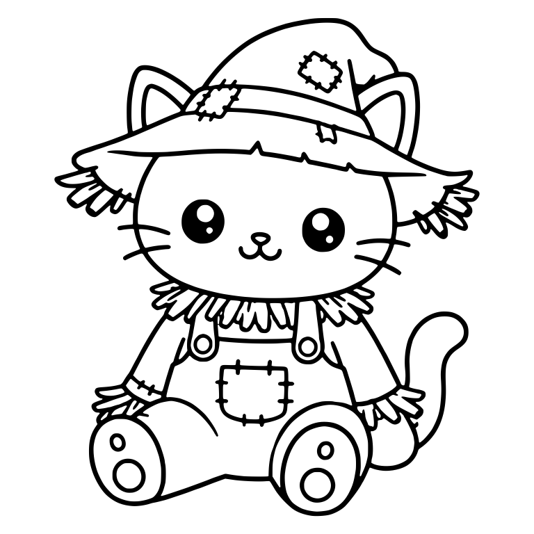 Kawaii Cat Scarecrow in Patched Overalls Sitting Down — free animal SVG cut file
