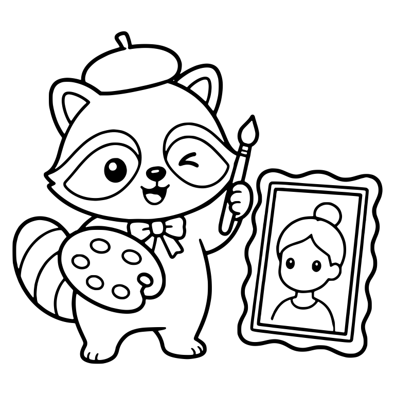 Raccoon Artist in Beret with Palette and Framed Portrait — free animal SVG cut file