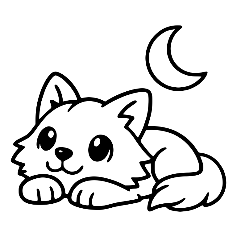 Lying Wolf Pup With Shiny Eyes Under Crescent Moon — free animal SVG cut file