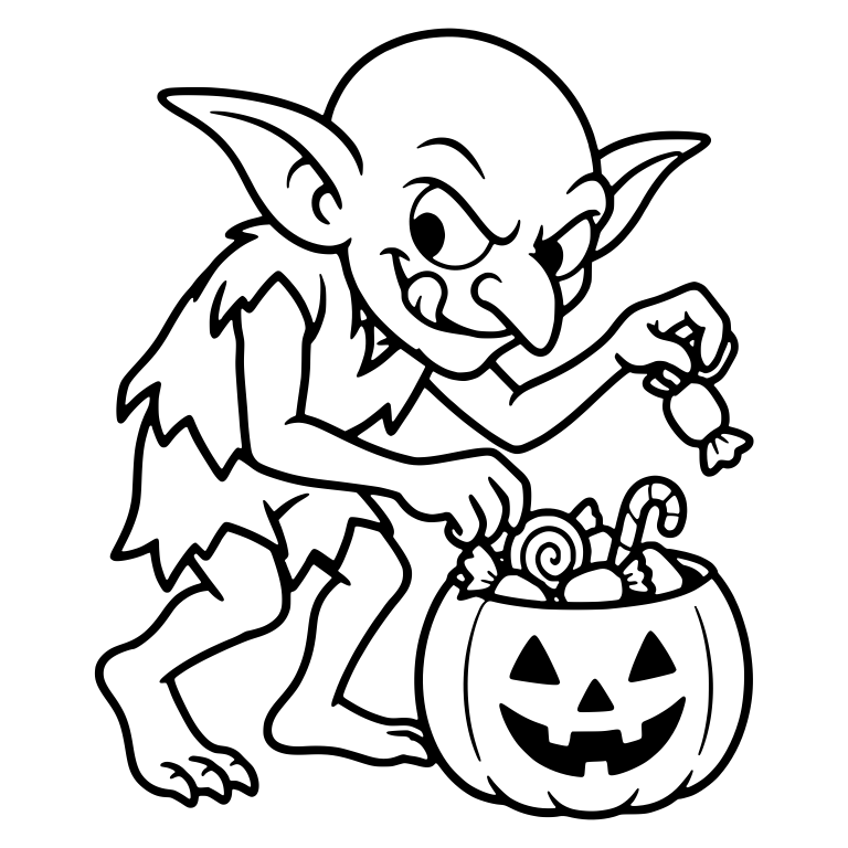 Sneaky Goblin Stealing Candy from Pumpkin Bucket — free fantasy-creature SVG cut file