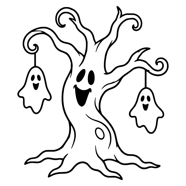 Smiling Haunted Tree with Two Hanging Ghosts — free floral SVG cut file