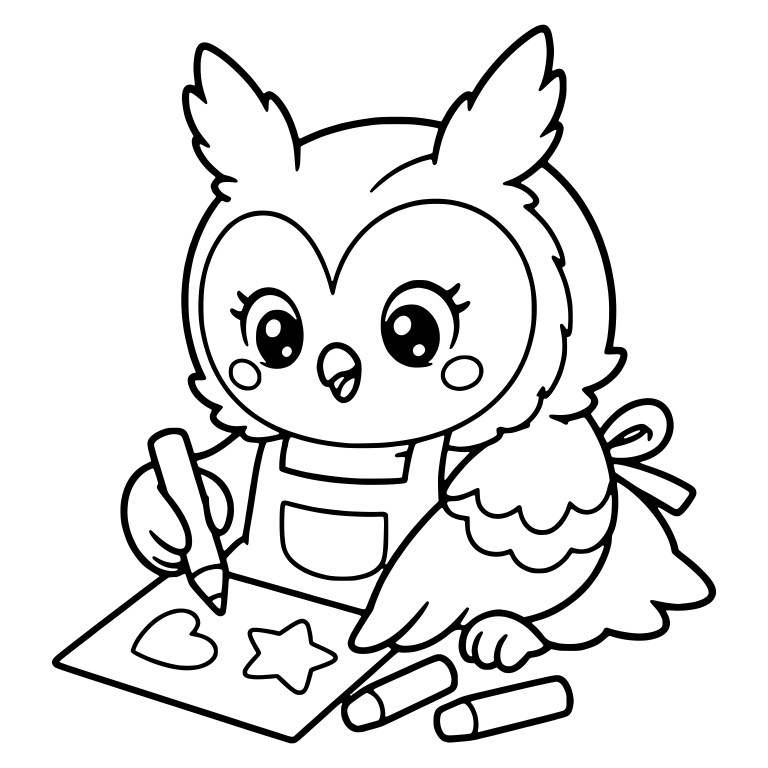 Owl in Apron Drawing Heart and Star With Crayon — free animal SVG cut file