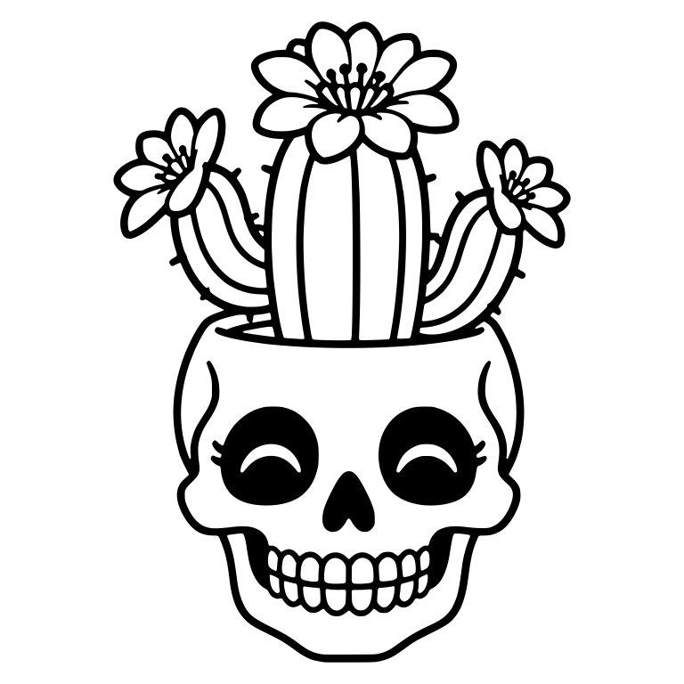 Lashed Happy Skull Planter With Three Blooming Cacti — free skeleton SVG cut file