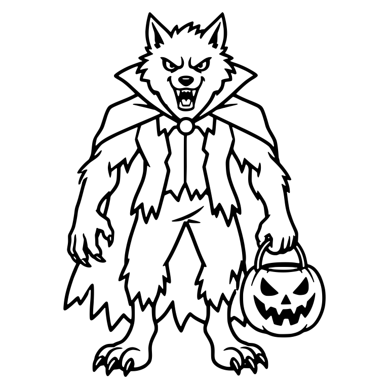 Werewolf in Collared Cape Carrying a Jack-o'-Lantern Pail — free fantasy-creature SVG cut file