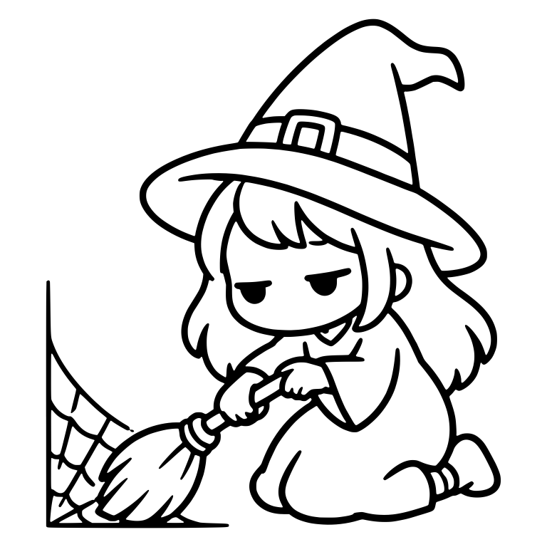 Bored Witch Kneeling To Sweep Corner Cobweb — free characters SVG cut file