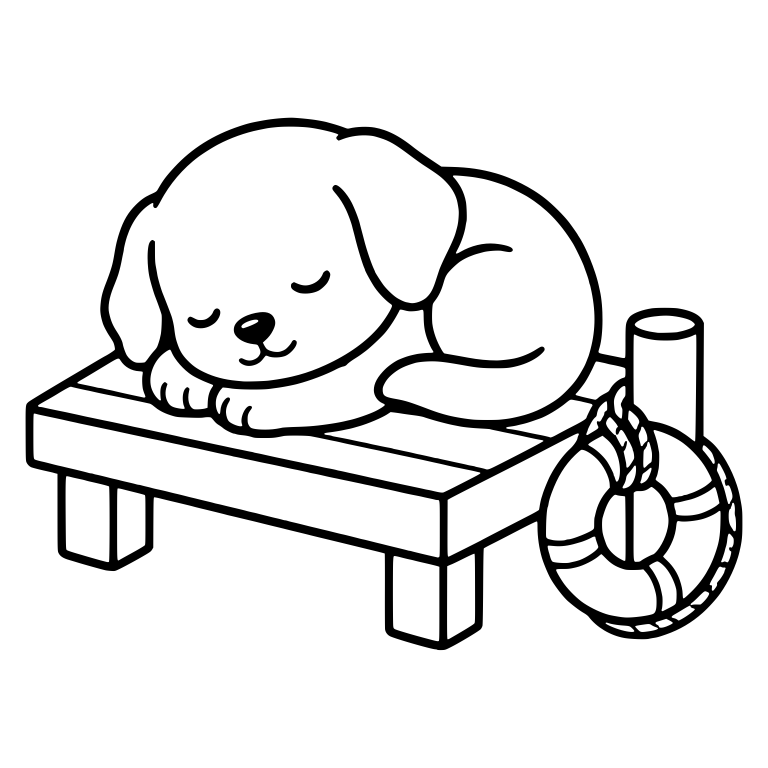 Sleeping Puppy Curled Up on Dock with Hanging Life Ring — free animal SVG cut file