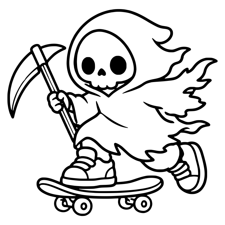 Skateboarding Grim Reaper with Scythe and Flowing Cloak — free characters SVG cut file