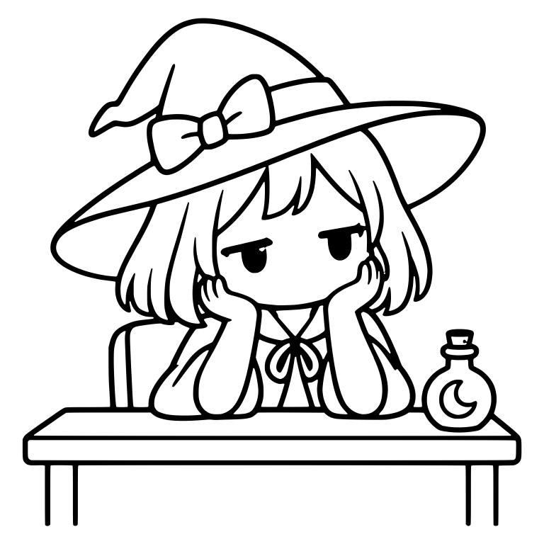 Bored Witch Holding Cheeks by Crescent Moon Potion Bottle — free characters SVG cut file