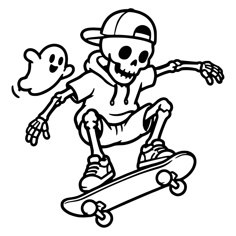 Skeleton Skater In Backwards Cap And Hoodie With Ghost — free skeleton SVG cut file