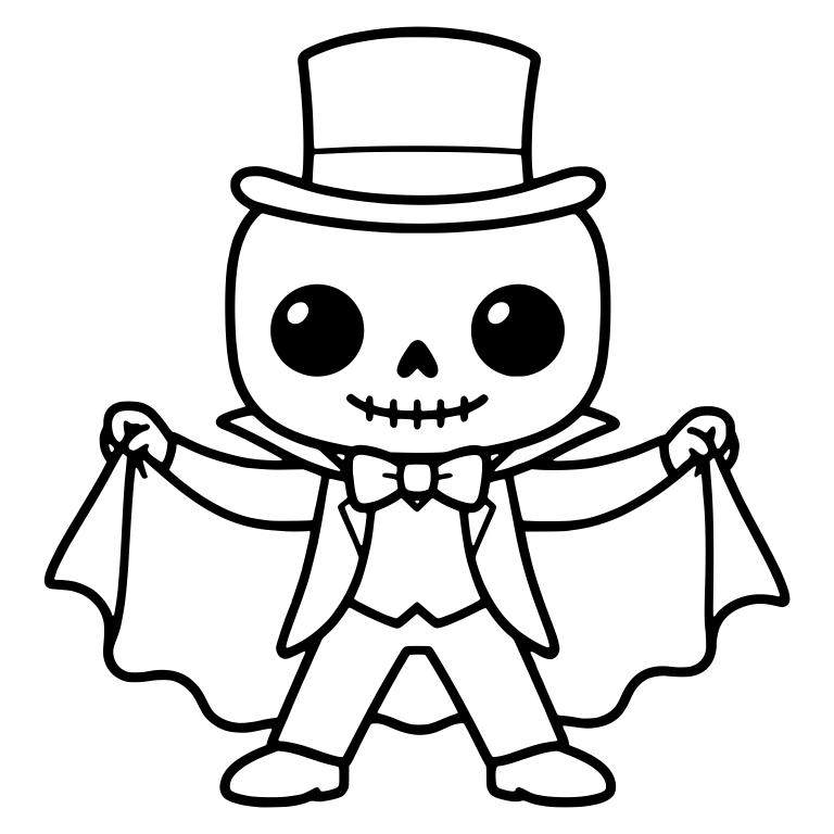 Skeleton in Top Hat Holding Wide Scalloped Cape — free skeleton SVG cut file
