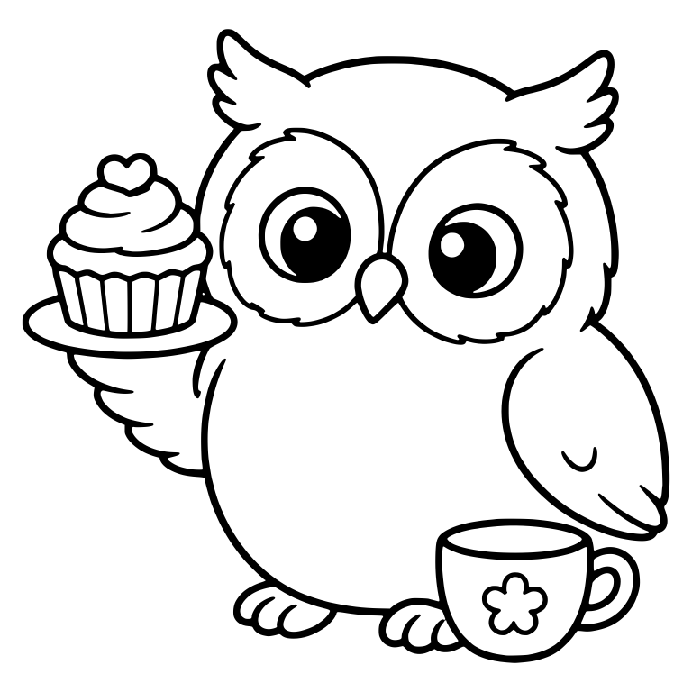 Owl Holding Cupcake on Plate Beside Flower Teacup — free animal SVG cut file