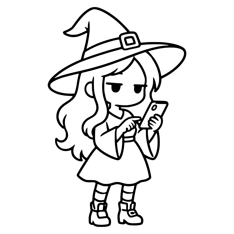 Bored Witch Standing and Scrolling on Smartphone — free characters SVG cut file