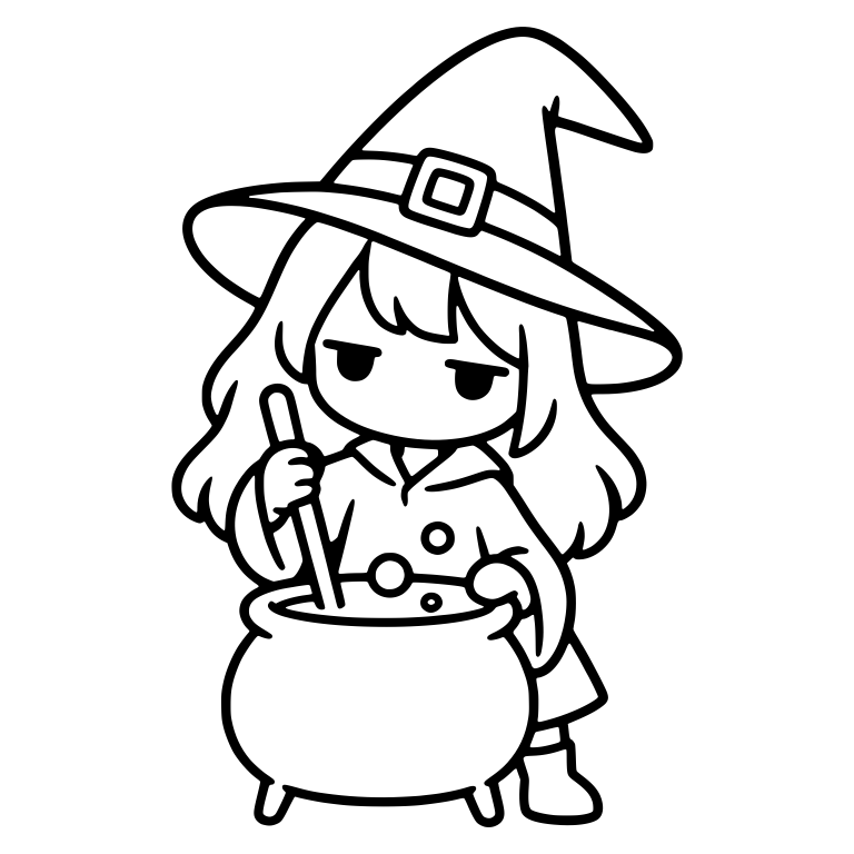 Bored Witch Stirring Bubbling Cauldron With Long Stick — free characters SVG cut file