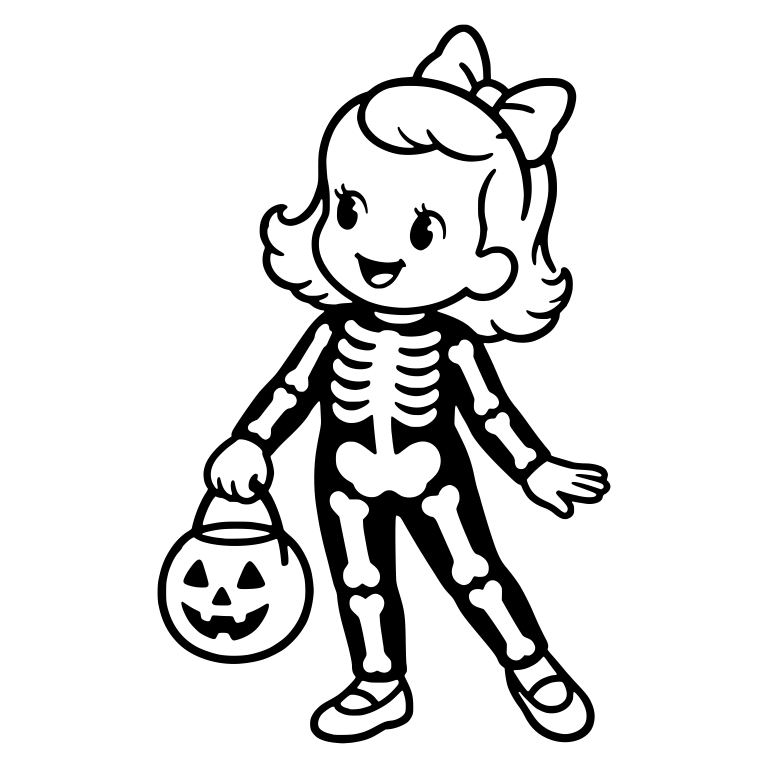 Girl in Skeleton Costume Holding Jack-o'-Lantern Pail — free characters SVG